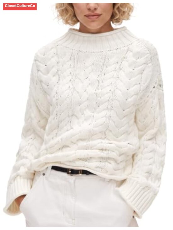 Sweaters - Women's Oversized Cable Knit Rollneck Pullover Sweater Cotton Blend